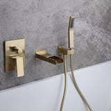 Load image into Gallery viewer, Waterfall Wall-Mount Square Handle Bathtub Faucet with Handshower in Brushed Gold Finish - SeeiHome