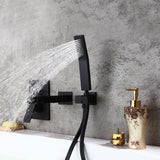 Load image into Gallery viewer, Waterfall Wall-Mount Square Handle Bathtub Faucet with Handshower in Brushed Gold Finish - SeeiHome