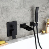 Load image into Gallery viewer, Waterfall Wall-Mount Square Handle Bathtub Faucet with Handshower in Brushed Gold Finish - SeeiHome
