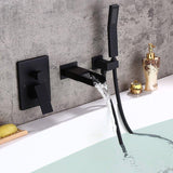Load image into Gallery viewer, Waterfall Wall-Mount Square Handle Bathtub Faucet with Handshower in Brushed Gold Finish - SeeiHome