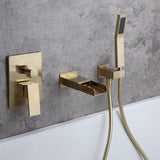 Load image into Gallery viewer, Waterfall Wall-Mount Square Handle Bathtub Faucet with Handshower in Brushed Gold Finish - SeeiHome