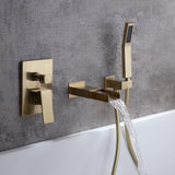 Load image into Gallery viewer, Waterfall Wall-Mount Square Handle Bathtub Faucet with Handshower in Brushed Gold Finish - SeeiHome