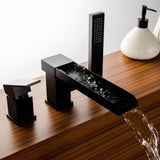 Load image into Gallery viewer, Deck-Mount Trough-style Spout Waterfall Roman Tub Filler with Handshower Matte Black - SeeiHome